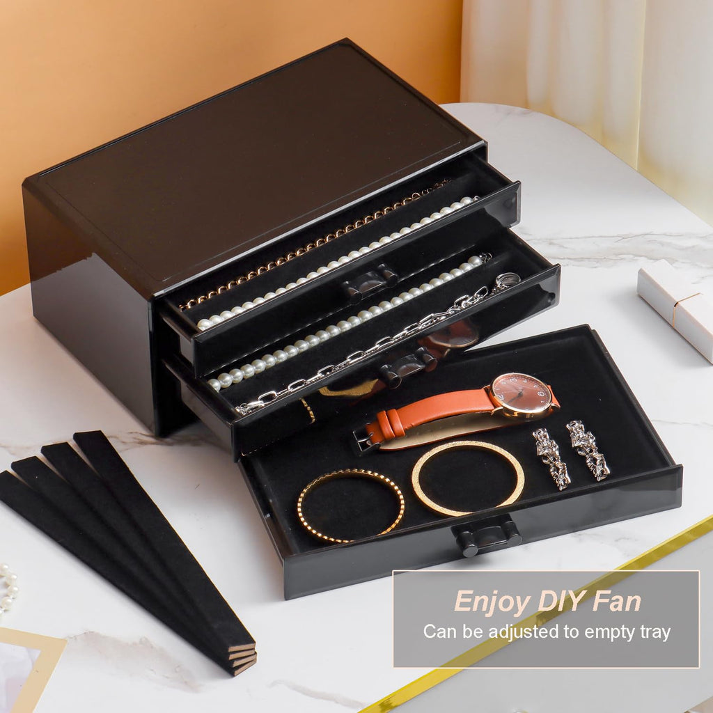 YUFONG Necklace Holder Organizer, Dustproof Necklace Box Velvet Necklace Organizer Box with Lid Clear Acrylic Dustproof Stackable Jewelry Displays for Necklaces Chain Display (Beige, 3 Drawer)