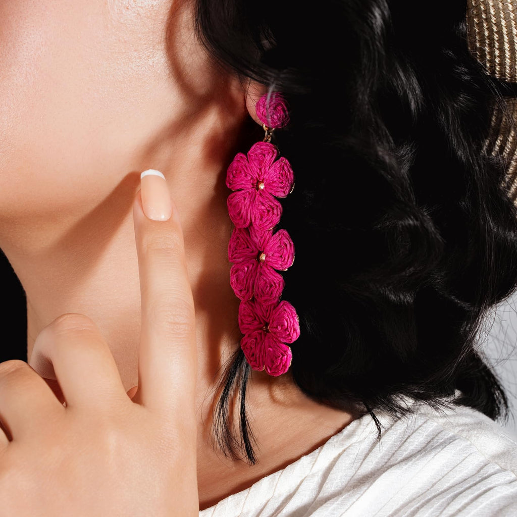 Boho Flower Earrings Statement Raffia Dangle Earrings Cute Floral Jewelry Trendy Summer Beach Vacation Outfits for Women