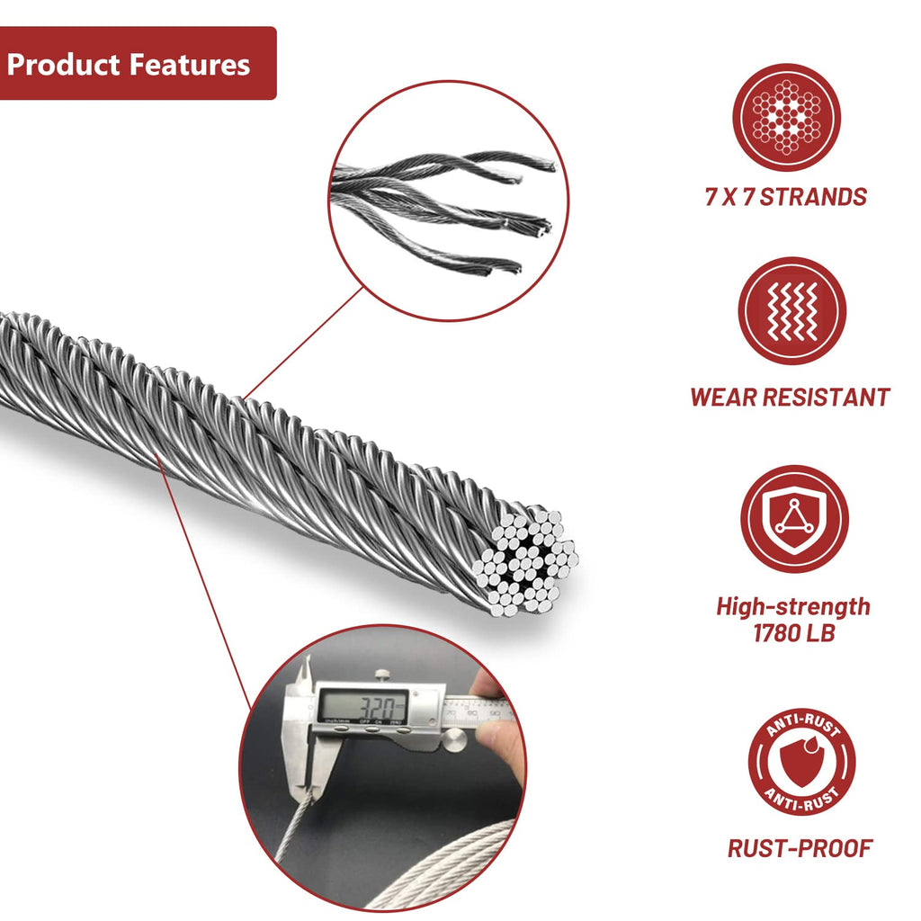 500FT 1/8 Stainless Steel Cable for Deck Cable Railing System,Premium T316 Aircraft Cable Kits,7x7 Strands Construction Braided Stainless Wire,1/8 inch Wire Rope Cable,DIY Balustrades