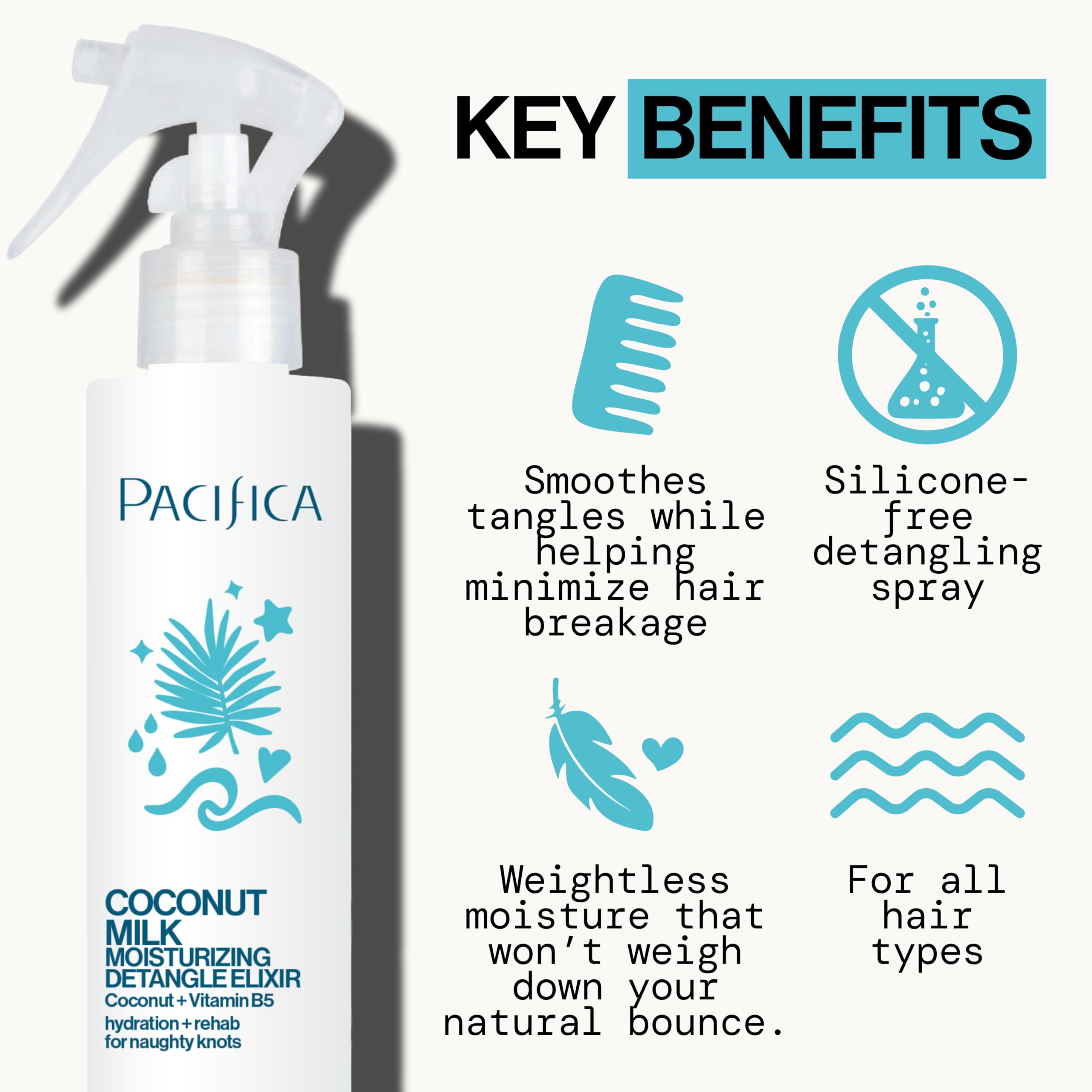 Pacifica Coconut Milk Hair Detangler Spray – Leave-In Conditioning Elixir for Tangle-Free Hair – Instantly Detangles Knots, Adds Shine & Moisture, Prevents Breakage & Frizz – Vegan & Cruelty-Free | Vegan