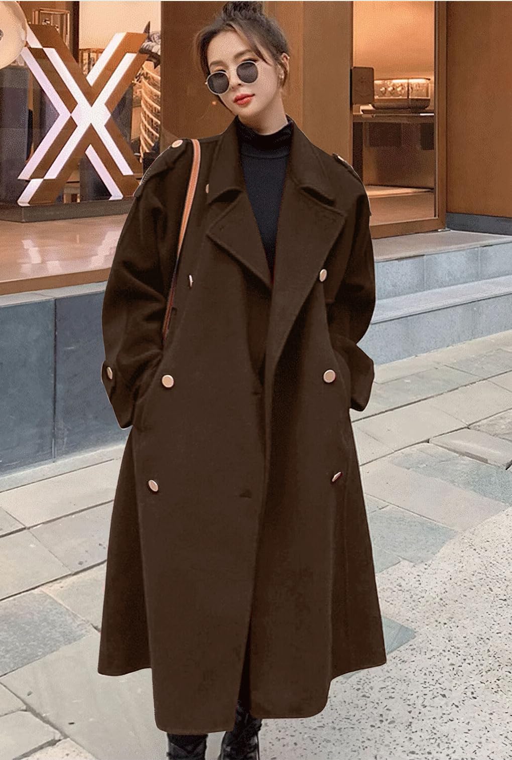 chouyatou Women's Winter Double Breasted Midi Long Wool Pea Coat Notch Lapel Winter Trench Coat