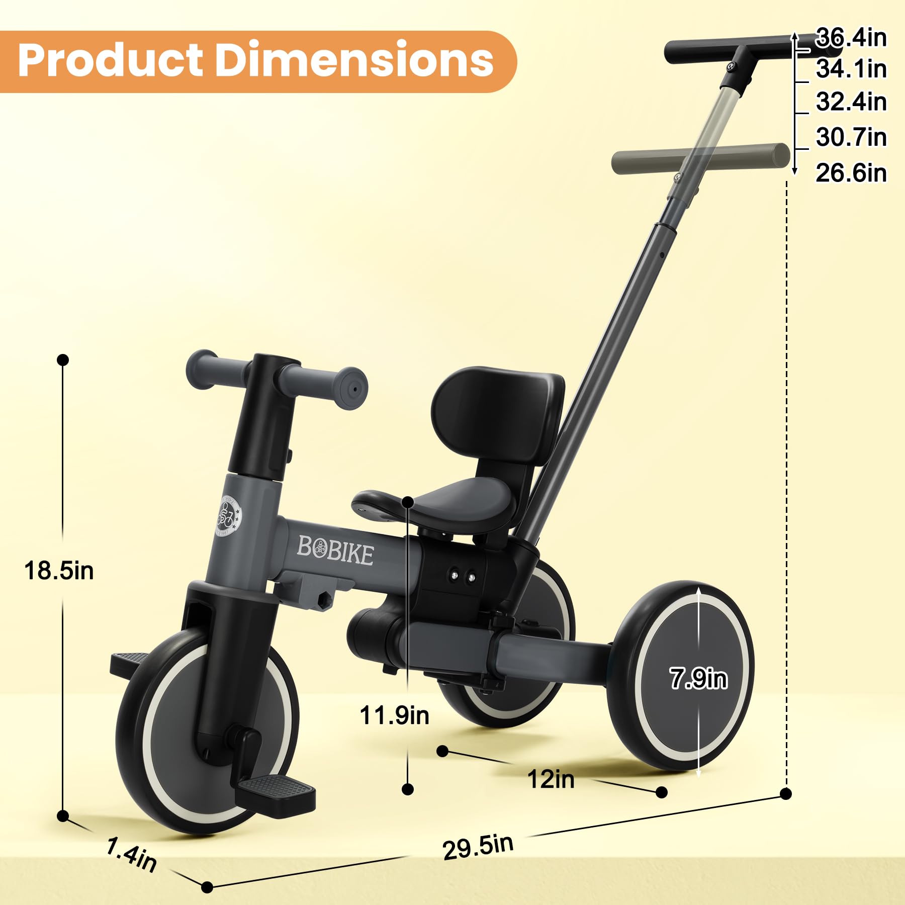 Toddler Bike with Push Handle,Tricycles for 1 to 3 Years Old, Toddler Tricycle with Push Handle for Boy Girl, Baby Balance Bike with Adjustable Seat Height and Removable Pedal (Black)