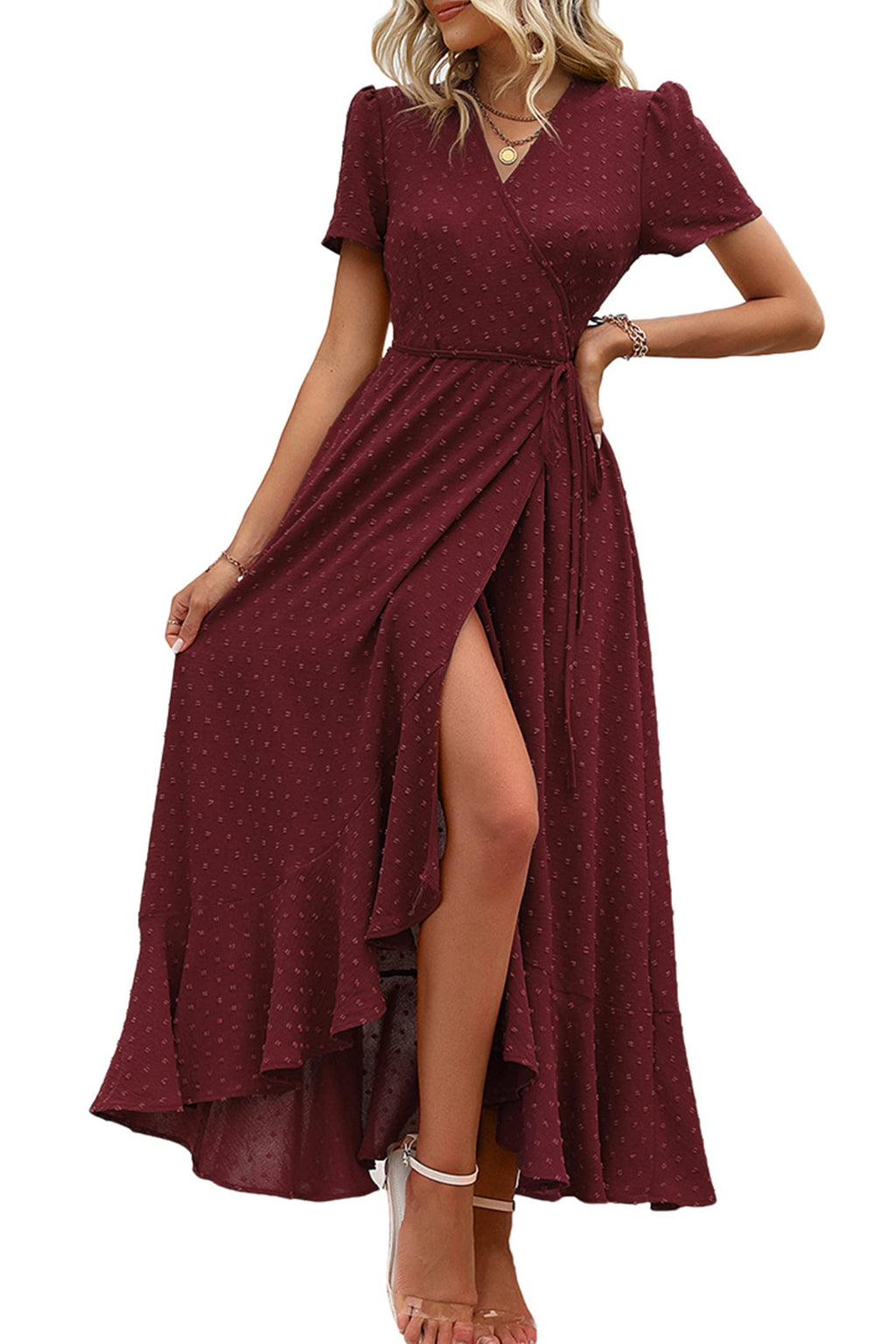 PRETTYGARDEN Women's Boho Floral Maxi Dress Summer Short Sleeve Wrap V Neck Long Flowy Beach Vacation Wedding Guest Dresses