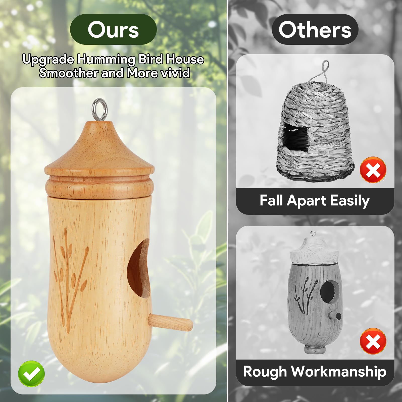 Hummingbird House, Small Hummingbird Houses for Outside, Wooden Bird House with Bow, String, Cute Gardening Gifts Home Decoration