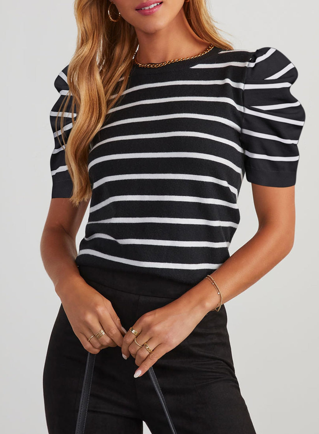 HAEOF Women's Striped Puff Short Sleeve Spring Tops 2026 Summer T Shirts Lightweight Sweater Dressy Casual Cute Work Blouses