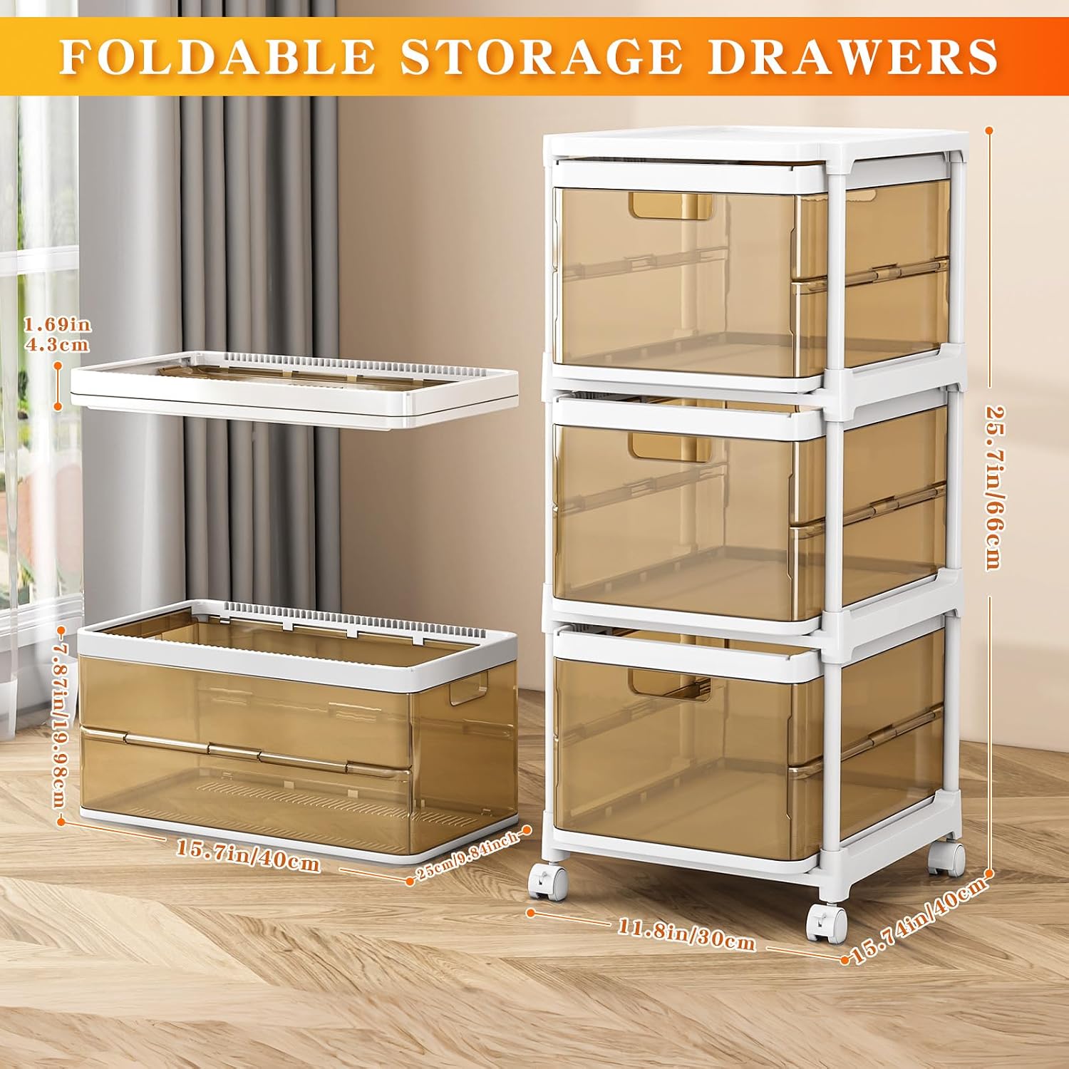 NestOrganix 3 Drawer Storage Organzier - Plastic Drawer Stroage, Stackable Storage Drawers, Storage Bins with Wheels, Foldable Drawer Organizer, 20 Quart/Bin, Total 60 Qurat