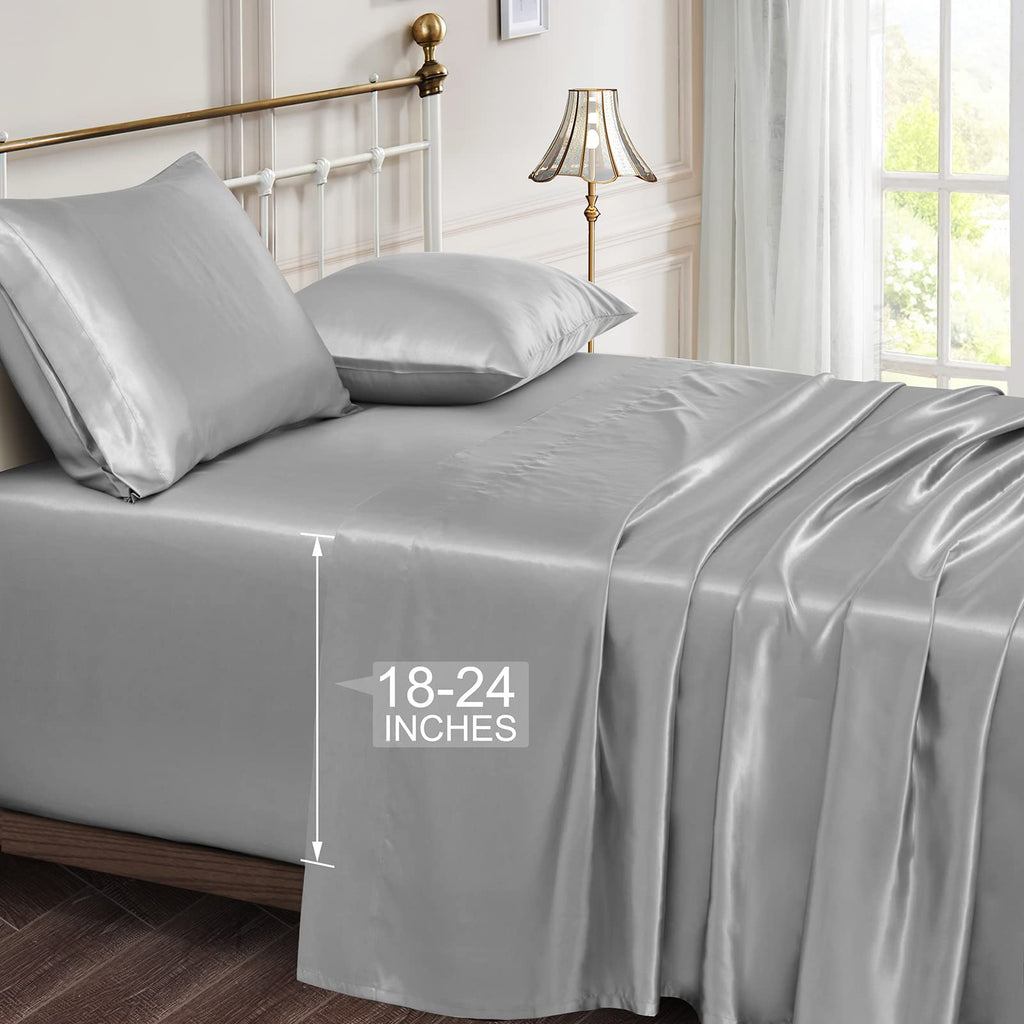 Vonty Extra Deep Pocket Full Sheet Sets - Cooling & Silky Satin Full Size Sheets with 18-24 Inch Deep Pocket, Black Satin Bed Sheets Fit Up to 24" Deep Mattress - 4 Piece Set