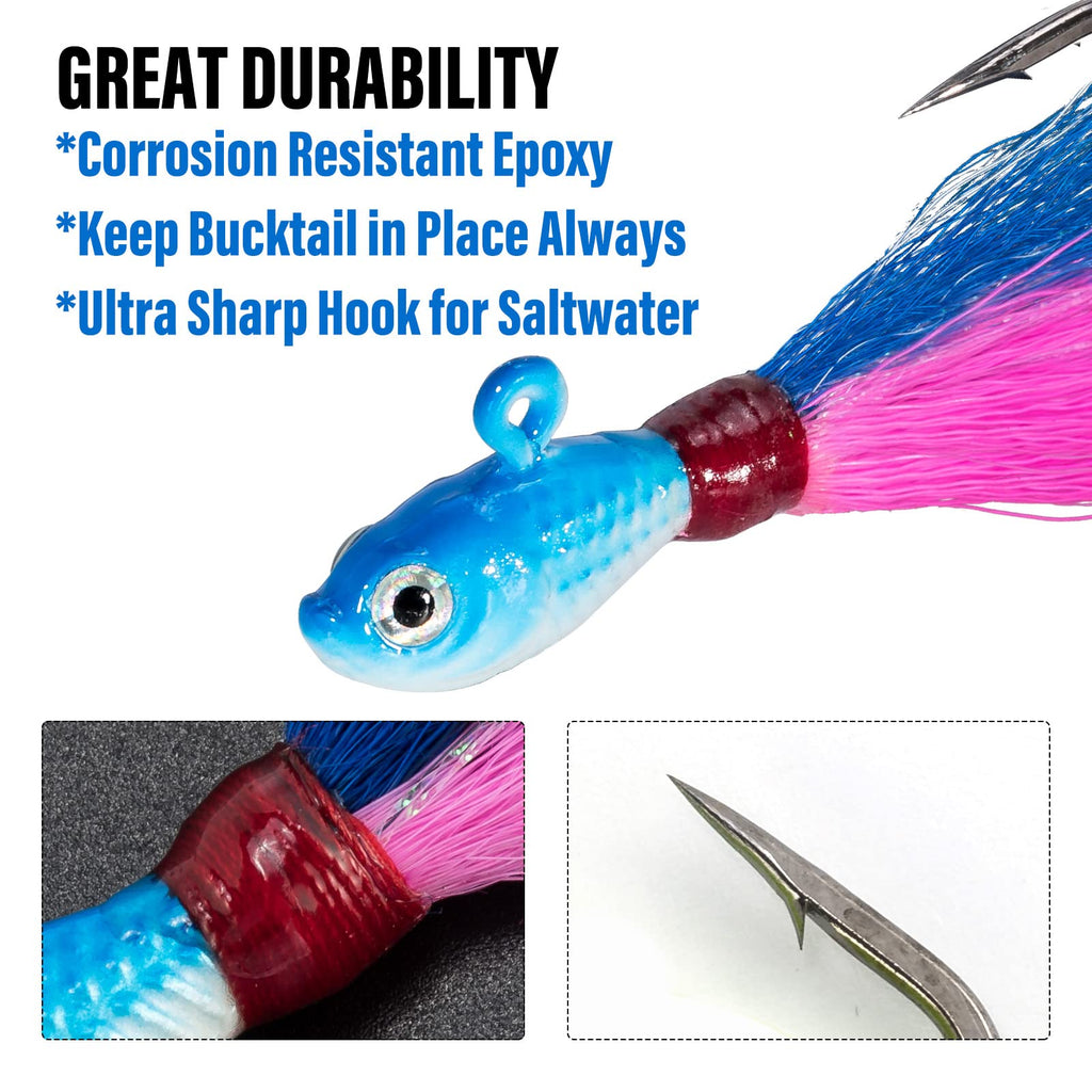 Dr.Fish 3 Pack Bucktail Jig Lure Hair Jig Saltwater Freshwater Lures Surf Fishing Bass Flounder Striper Bluefish Halibut Redfish