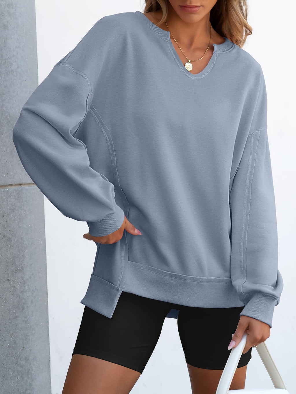 ANRABESS Women's Long Sleeve V-Neck Oversized Sweatshirts | Soft Lightweight Loose Fit Pullover Tops, Casual School Workout Office Tunic Shirts, Teen Girls Outfit, Fall Winter Clothes