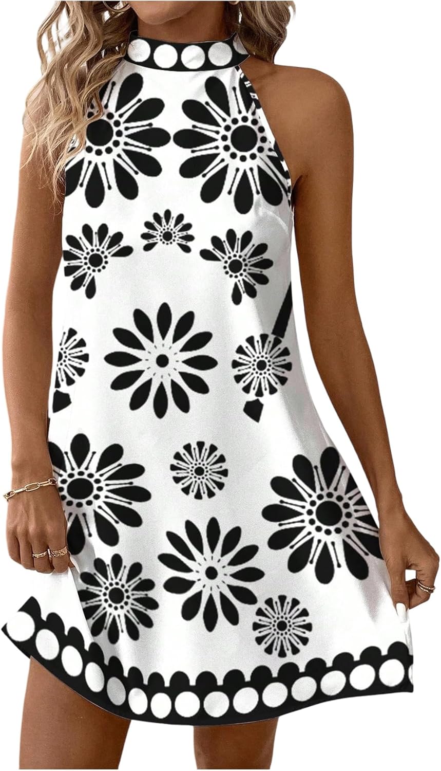 Floerns Women's Sleeveless Floral Print Sundress Halter Neck A Line Short Dress