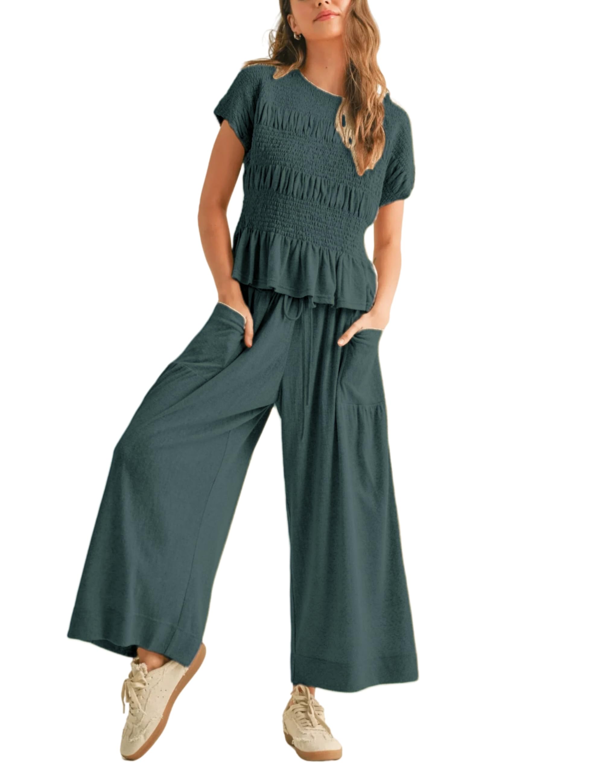 Antnation Womens 2 Piece Smocked Top Wide-Leg Pants Set High-Waisted Lounge Outfit with Pockets Casual Boho Matching Set