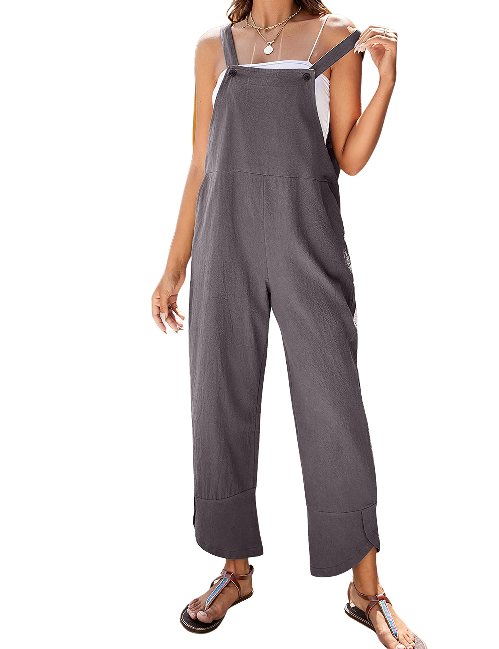 APAFES Women Summer Sleeveless Cotton Linen Bib Overalls Tulip Baggy Capri Jumpsuits with Pockets