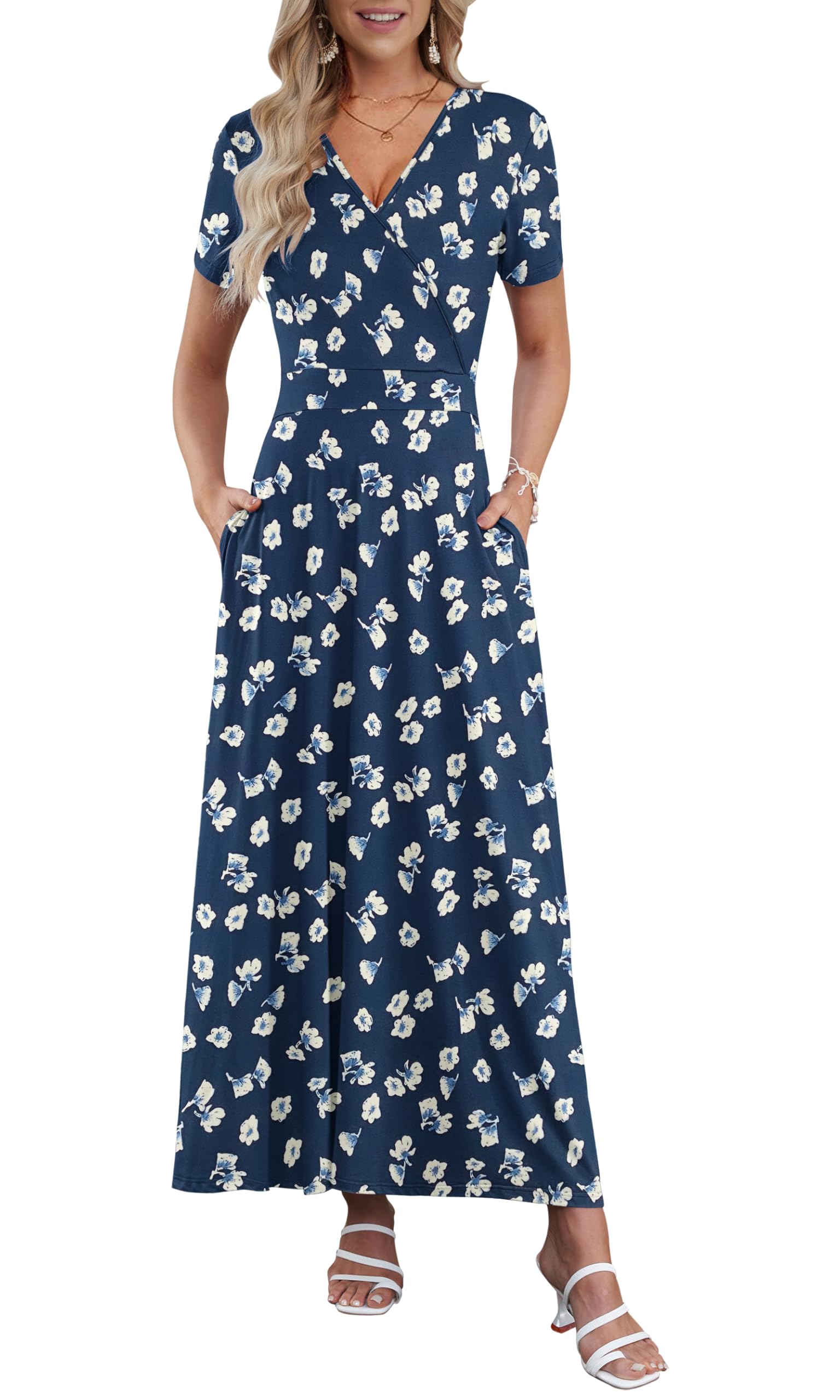 AUSELILY Maxi Dresses for Women Ankle Length Floral Print Beach Long Flowy Dress with Pockets