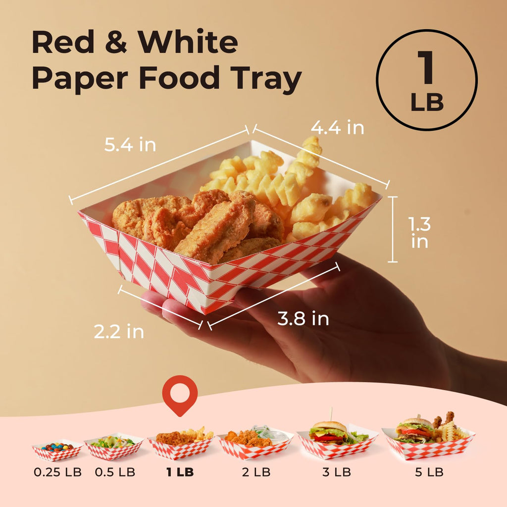 Fit Meal Prep [250 Pack 0.25 lb Paper Food Boats Heavy Duty Disposable Food Trays, Red Check Nacho Tray for Parties Fairs Picnics Carnivals, Holds Ketchup Cheese Sauce Pickles