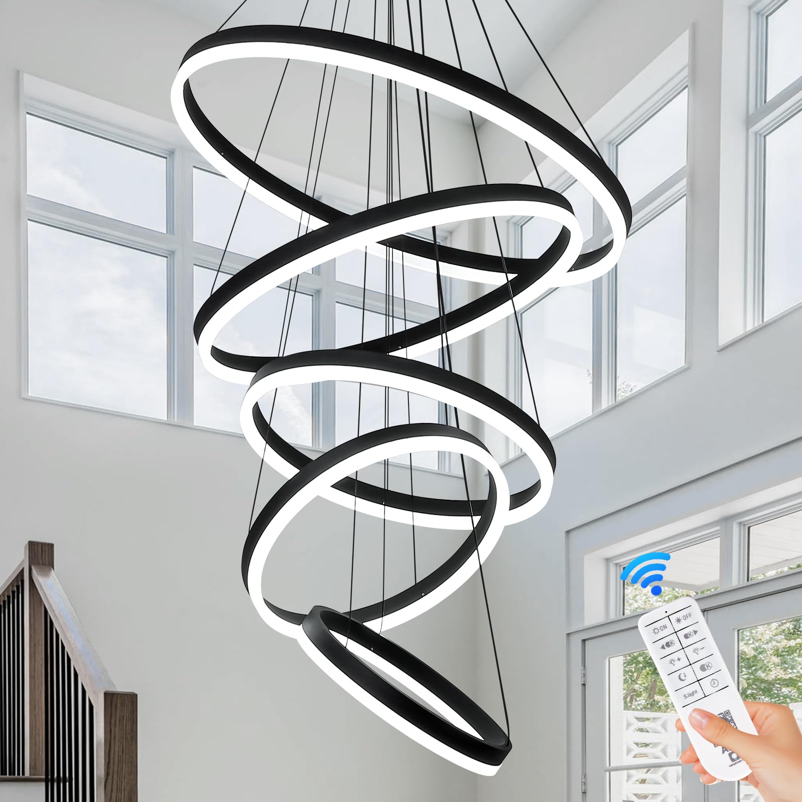 5-Rings Modern LED Chandelier Black Dimmable High Ceiling Chandelier for Dining Room with Remote Control for Foyer Living Room Entryway Staircase(D23.6’’, 3000K-6500K)