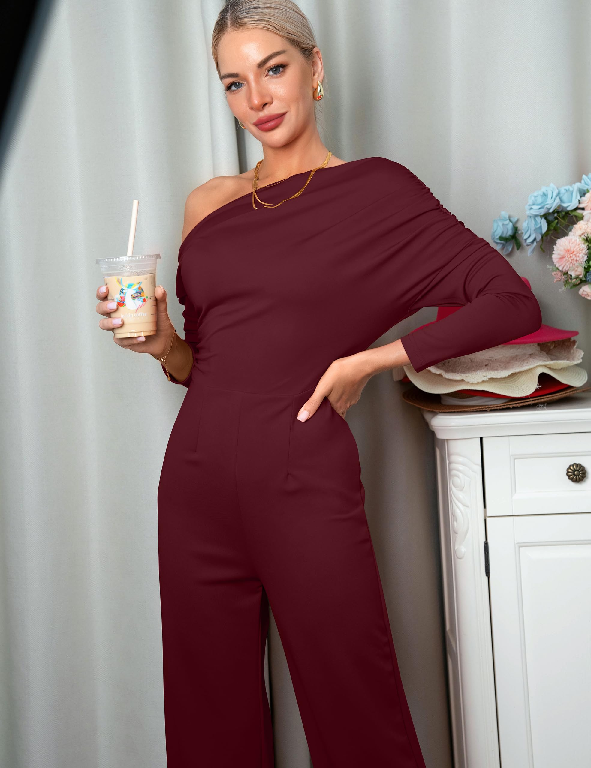 YMDUCH Women's Fall Elegant Long Sleeve Off Shoulder Wide Leg Long Pant Jumpsuits