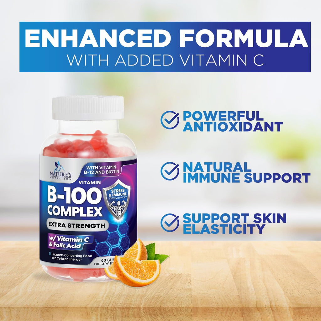 Vitamin B Complex Gummies - Extra Strength Super B Vitamin Gummy with Vitamin C, Immune Support for Men & Women - Energy and Brain Support Supplements with Folic Acid, Niacin, B6, B12 - 60 Gummies