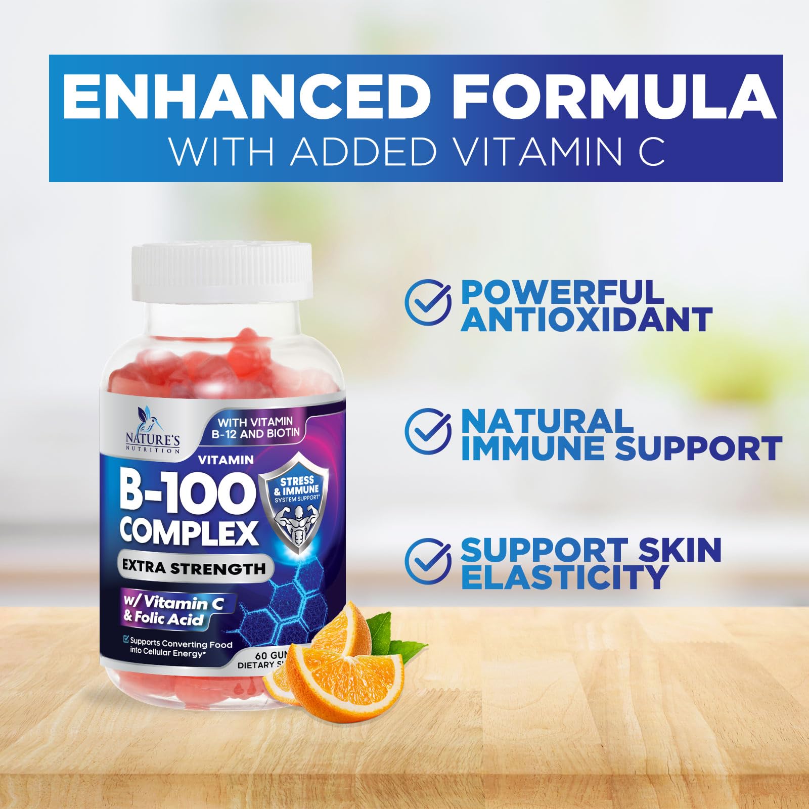 Vitamin B Complex Gummies - Extra Strength Super B Vitamin Gummy with Vitamin C, Immune Support for Men & Women - Energy and Brain Support Supplements with Folic Acid, Niacin, B6, B12 - 60 Gummies
