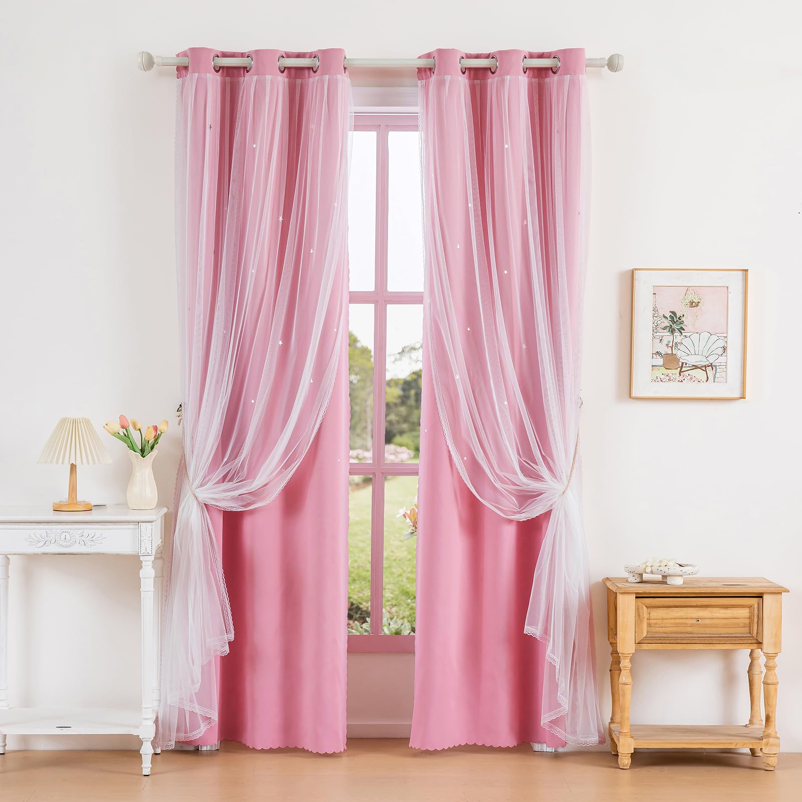 Anytime Star Cut-Out Blackout Curtains for Bedroom 2 Panels,2-Layers Mix Design of Fabric & Tulle,Pretty Pure Color Window Curtain for Kids Room(W35 x L45,LPink)