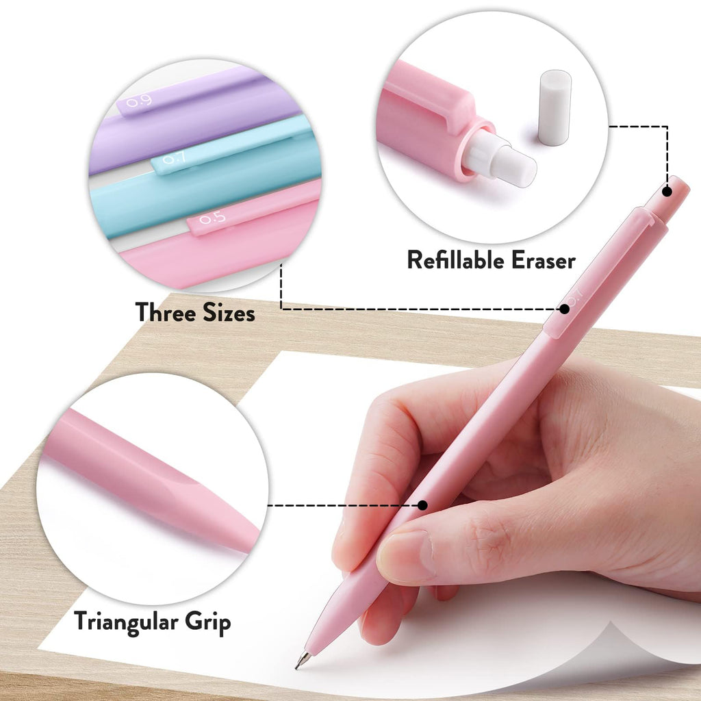 Four Candies Cute Mechanical Pencil Set, 6PCS Pastel Mechanical Pencils 0.5 & 0.7mm with 360PCS HB Leads, 3PCS Erasers and 9PCS Eraser Refills, Aesthetic School Supplies for Girls Writing