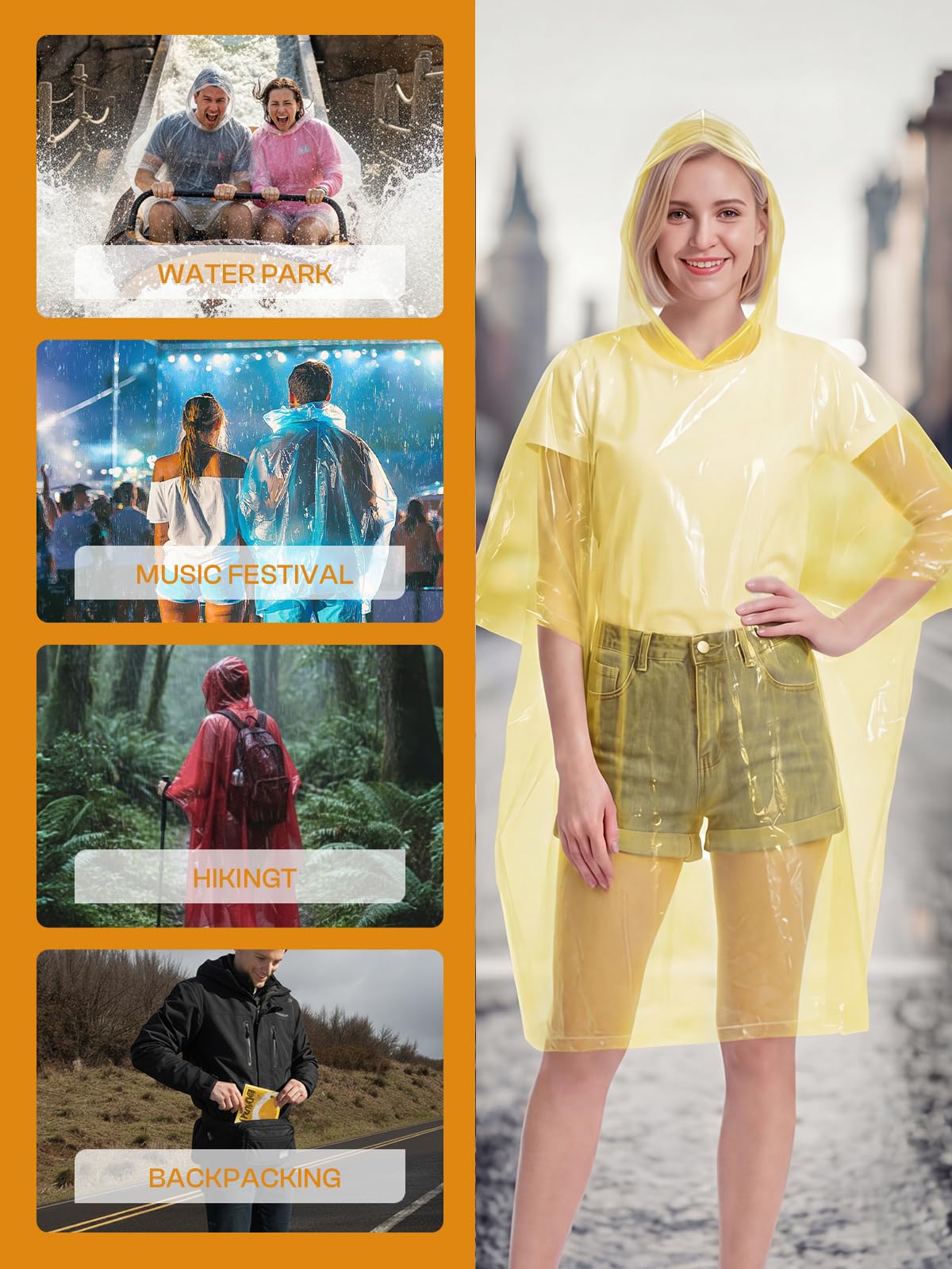 SaphiRose Disposable Rain Ponchos for Adults, 4 Pack Family Pack Clear Emergency Hooded Raincoat for Travel Camping