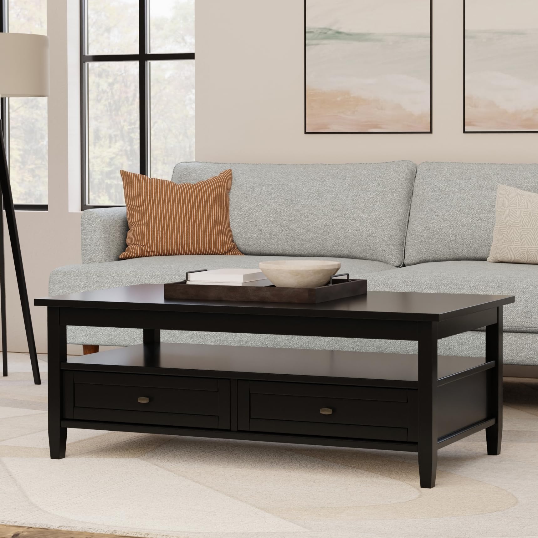 SIMPLIHOME Warm Shaker Coffee Table - 48 inch Wide Solid Wood Coffee Table in Black, Transitional Living Room Table with 2 Drawers, Open Shelf, Shaker Fronts and Tapered Legs