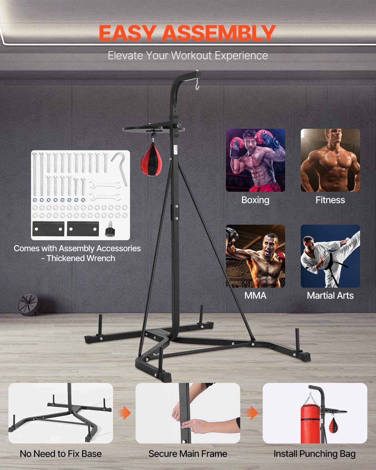 VEVOR 2 in 1 Punching Bag Stand, Steel Heavy Duty Workout Equipment, Adjustable Height Boxing Punching Bag and Speed Bag Stand, Freestanding Sandbag Rack, Holds Up to 140 lbs, for Home Gym Fitness