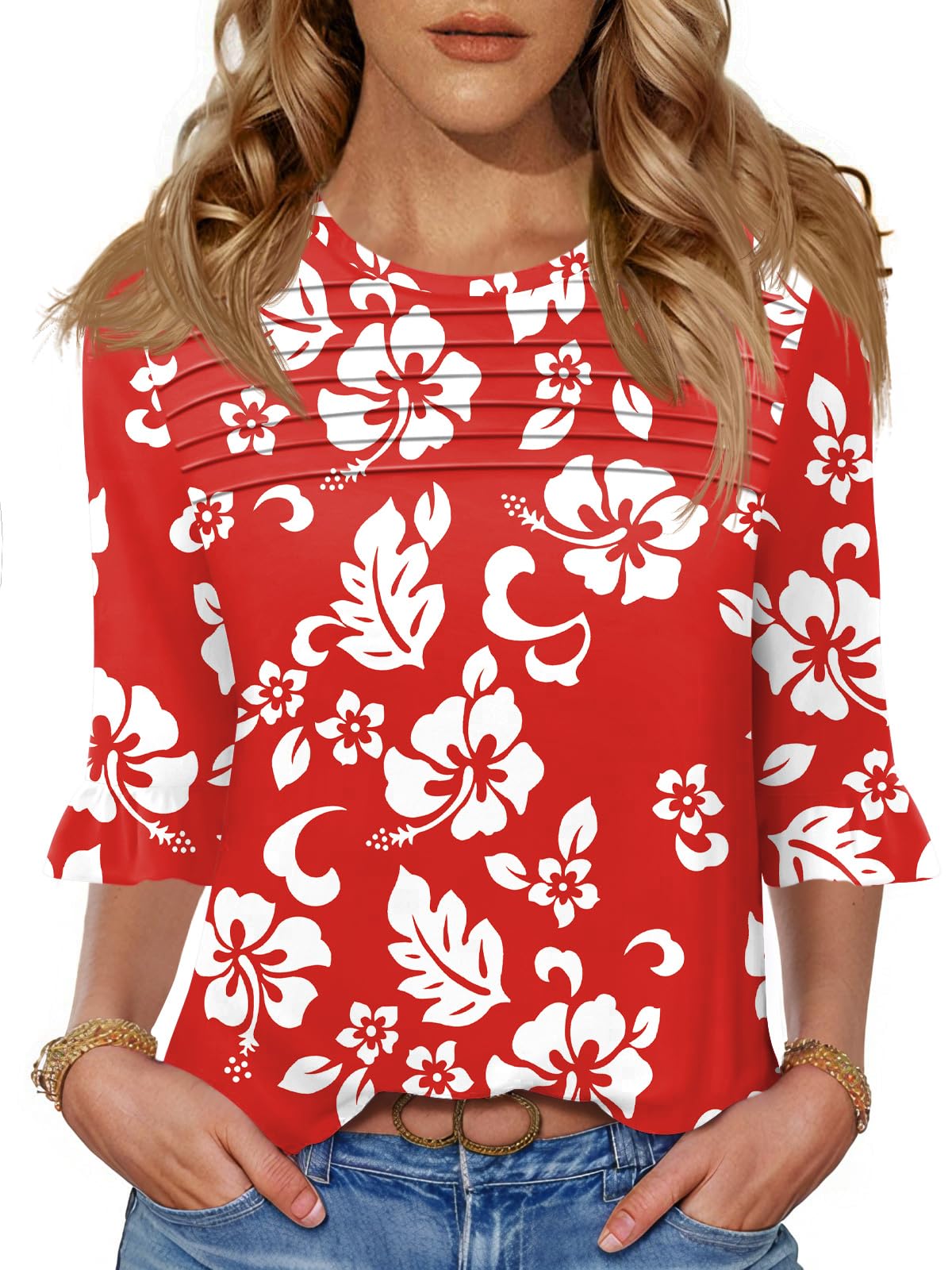 Blingfit Womens Tops 3/4 Length Sleeve Dressy Casual Shirts Bell Sleeve Front Pleated Fasion Trendy Summer Blouses 2026