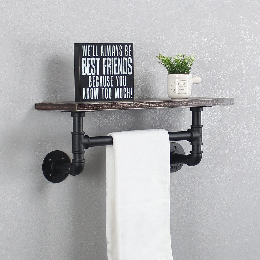 MBQQ Industrial Pipe Shelf Bathroom Shelves Wall Mounted,19.6in Rustic Wood Shelf with Towel Bar,1 Tier Farmhouse Towel Rack,Pipe Shelving Floating Shelves Towel Holder,Black & White