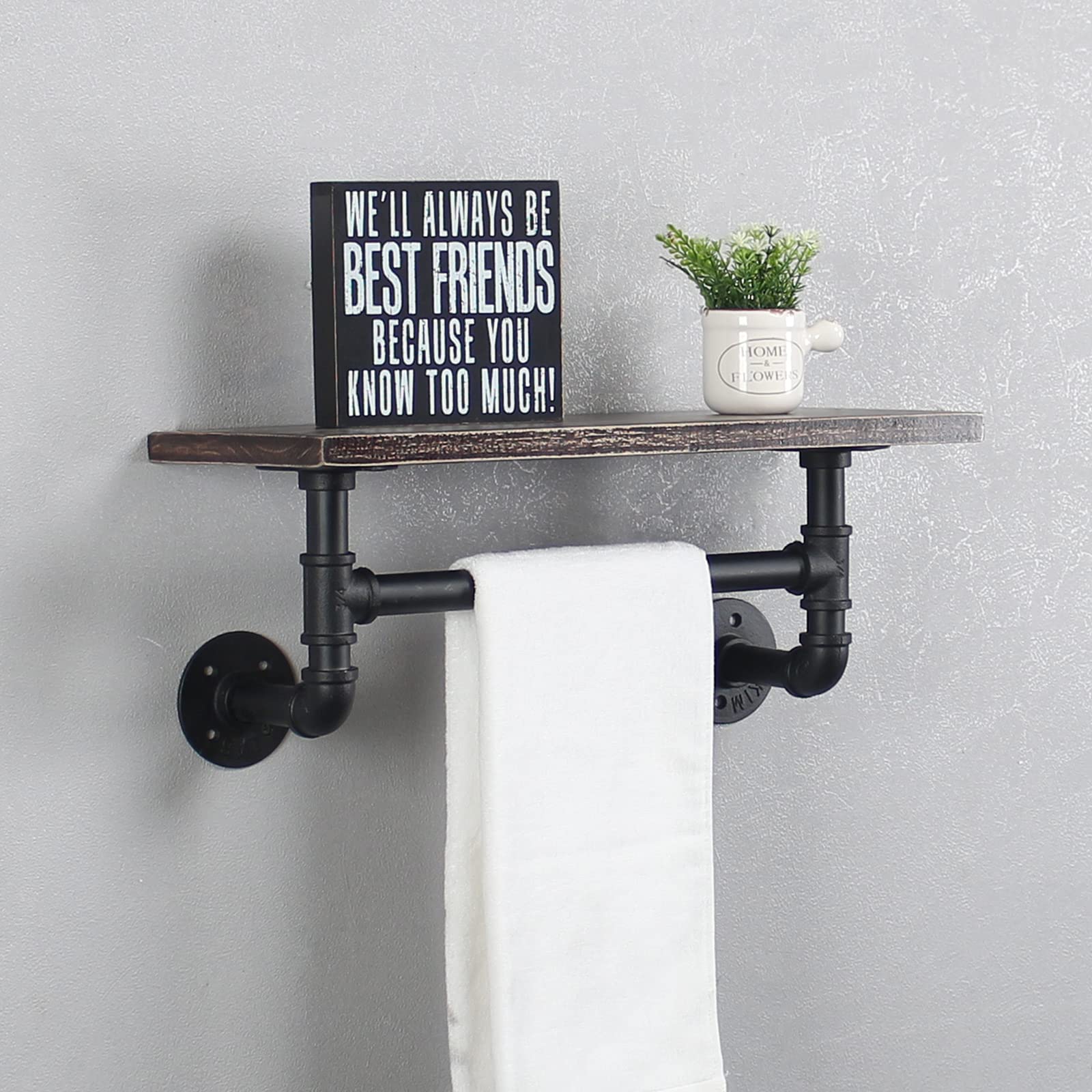 MBQQ Industrial Pipe Shelf Bathroom Shelves Wall Mounted,19.6in Rustic Wood Shelf with Towel Bar,1 Tier Farmhouse Towel Rack,Pipe Shelving Floating Shelves Towel Holder,Black & White