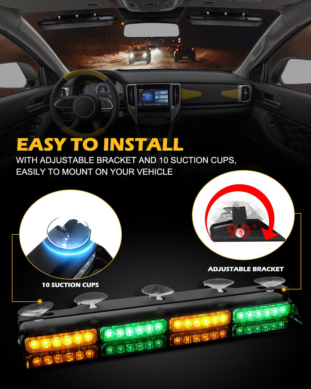 HLauto 604N Emergency Dash Strobe Lights: 2x16.8 inch Amber White Security Light w/Take Down, 48 LED Safety Flashing Warning Hazard Interior Windshield Light Bar for Truck Vehicle