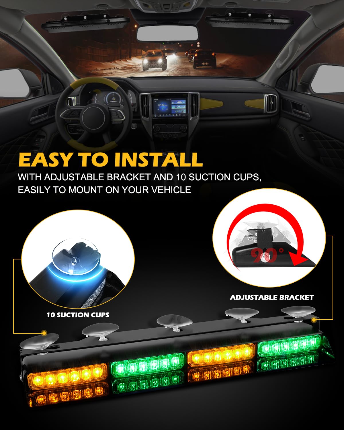 HLauto 604N Emergency Dash Strobe Lights: 2x16.8 inch Amber White Security Light w/Take Down, 48 LED Safety Flashing Warning Hazard Interior Windshield Light Bar for Truck Vehicle