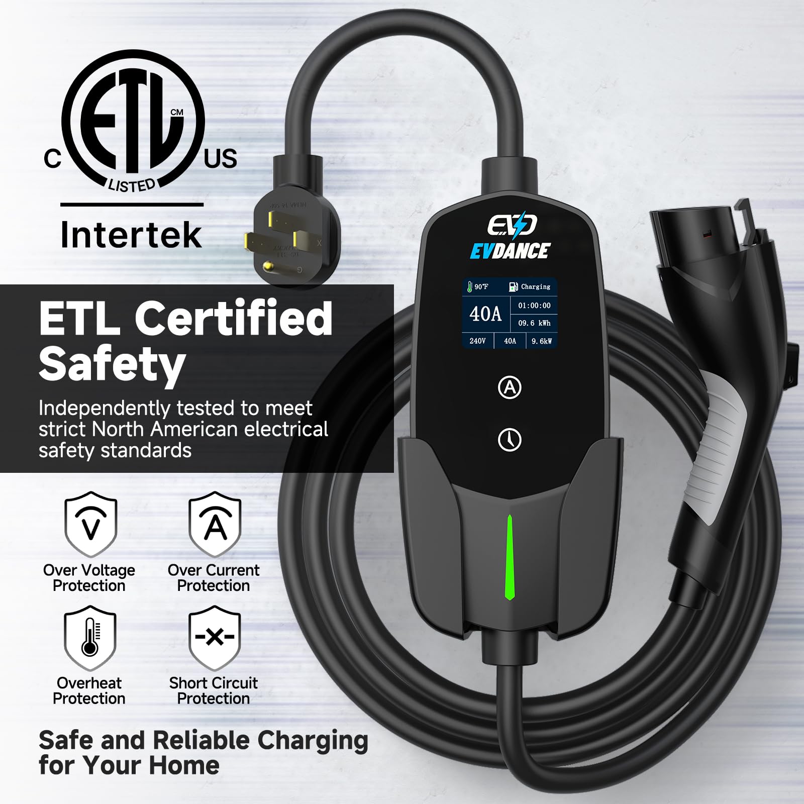 EVDANCE Level 2 EV Charger 40Amp, 240V 9.6KW Portable Electric Vehicle Charging Stations with NEMA 14-50P, 25FT Cable Adjustable Current/Timing Delay Home Electric Car Charger for J1772 BEVs/PHEVs
