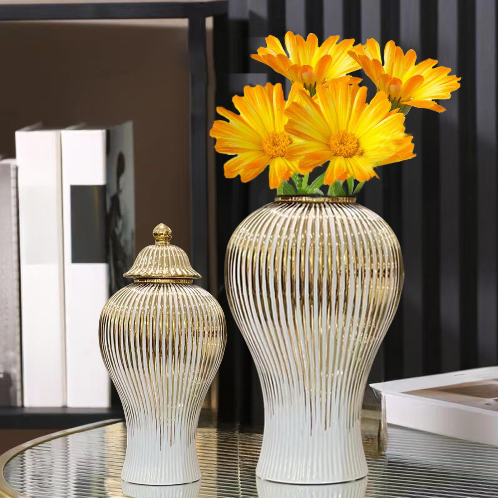 Ginger Jar, White Gold Ceramic Vase Large Handmade Porcelain Vases with Lid, White Gold Decorative Flower Vase for Home, Living Room, Weddings, Centerpieces (18in with Lid)