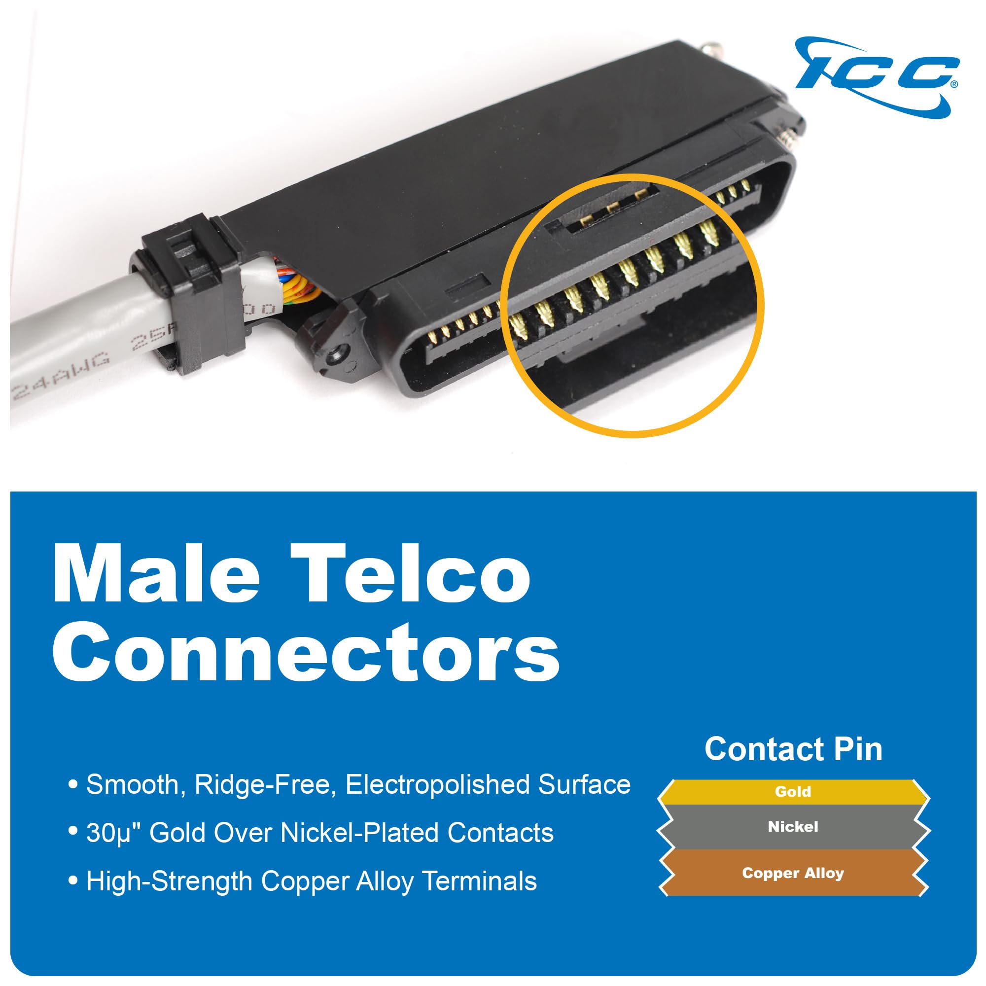ICC Female to Female 25 Pair Telco Cable 5ft - Cat3 24AWG, 100% Solid Pure Copper, Gray Riser CMR Cable with 90 Degree 50 Pin Telco Connector for Voice and Low Data PBX Applications, 5 Feet