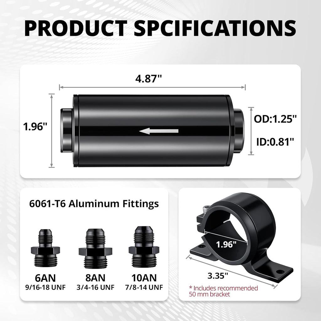EVIL ENERGY Inline Fuel Filter 10 Micron with 6AN 8AN 10AN Adapter&Bracket Clamp 50MM Universal