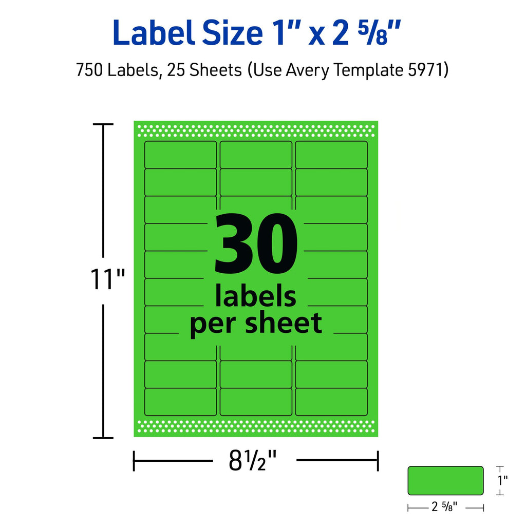 Avery Printable Address Labels with Sure Feed, 1" x 2-5/8", Neon Green, Laser & Inkjet Compatible, 750 Blank Labels per Pack, Great for Branding, Mailing, Organizing, and More (5-Pack of 5971)