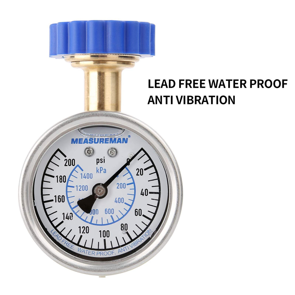 MEASUREMAN 2" Water Pressure Test Gauge, 3/4" Female Hose Thread, 0-200 psi/kpa with Maximum Pressure Memory (Pack of 2)