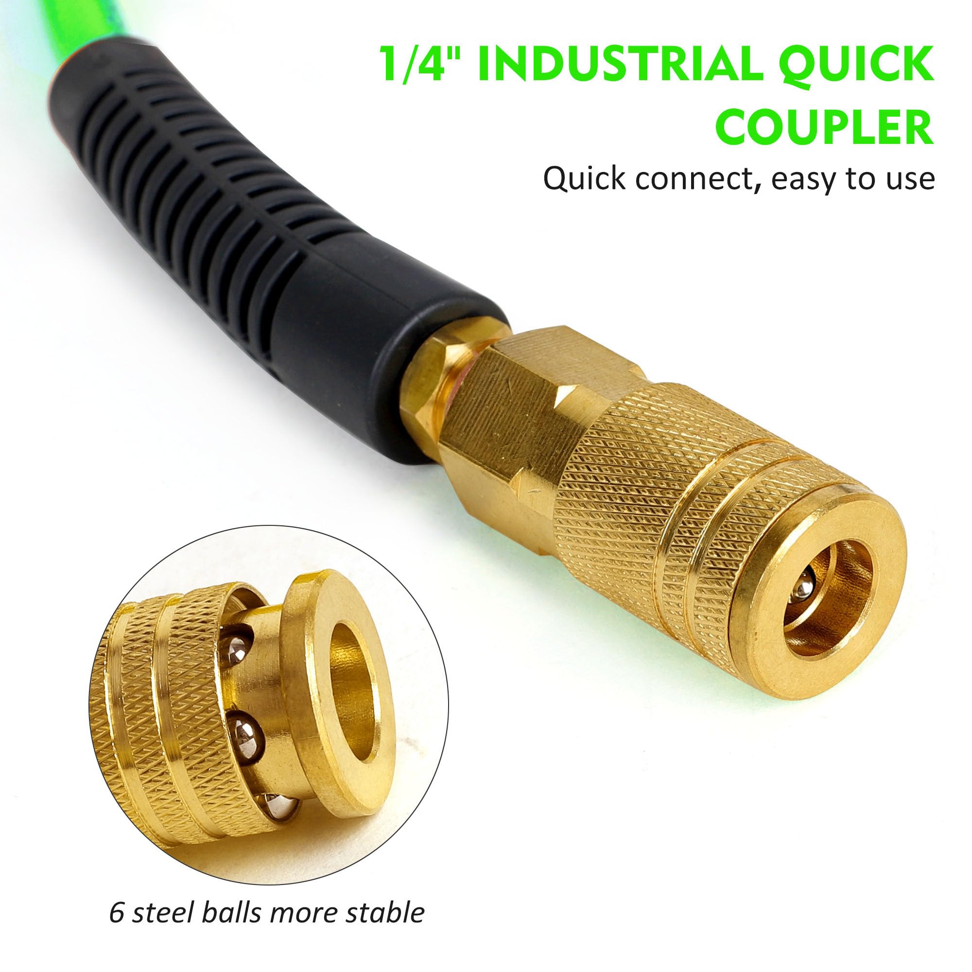 Air Compressor Hose 1/4 Inch x 25 Feet Reinforced Polyurethane (PU) Air Hose with Fittings, Bend Restrictors, 1/4" Industrial Quick Coupler and Plug Kit, Green
