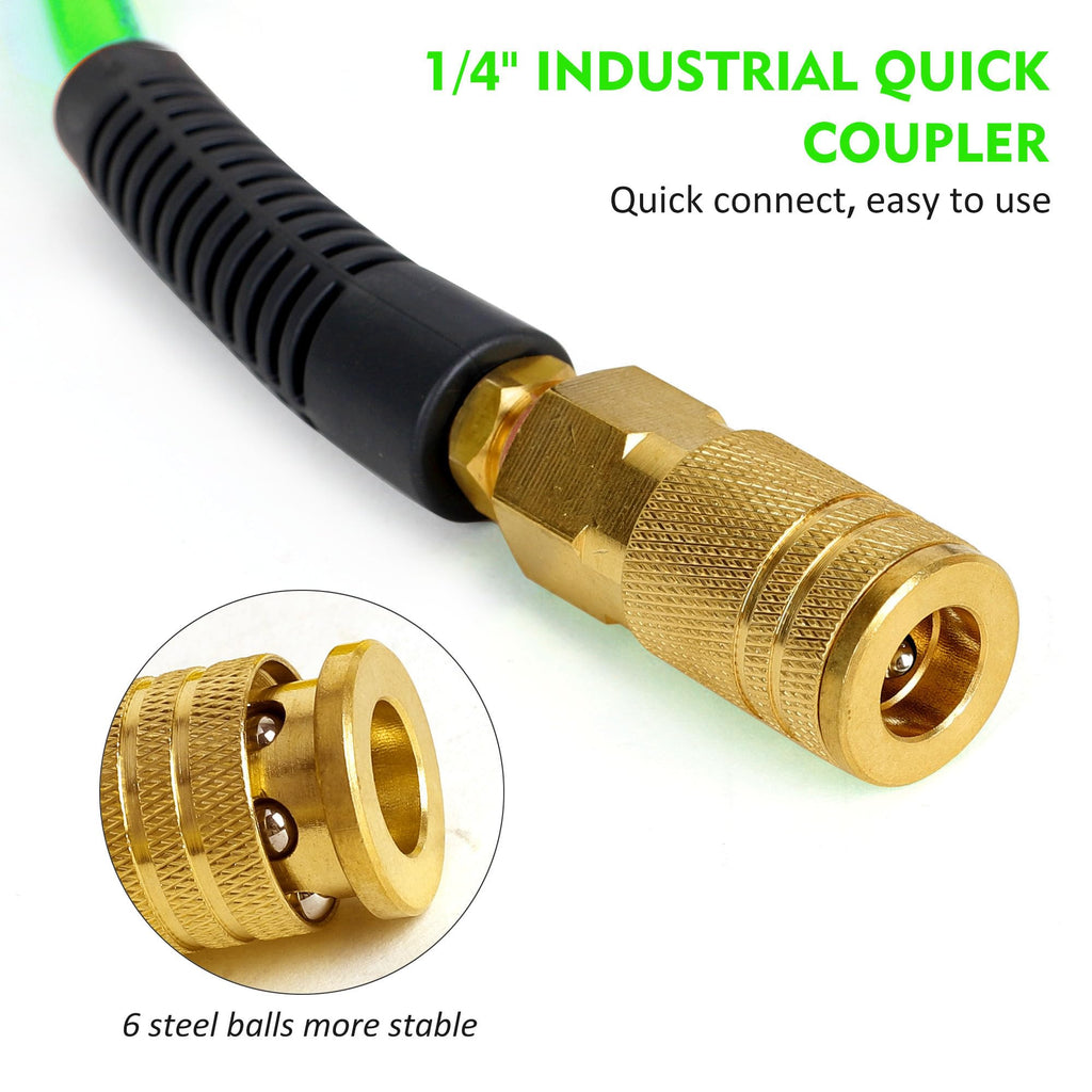 Air Compressor Hose 1/4 Inch x 25 Feet Reinforced Polyurethane (PU) Air Hose with Fittings, Bend Restrictors, 1/4" Industrial Quick Coupler and Plug Kit, Green