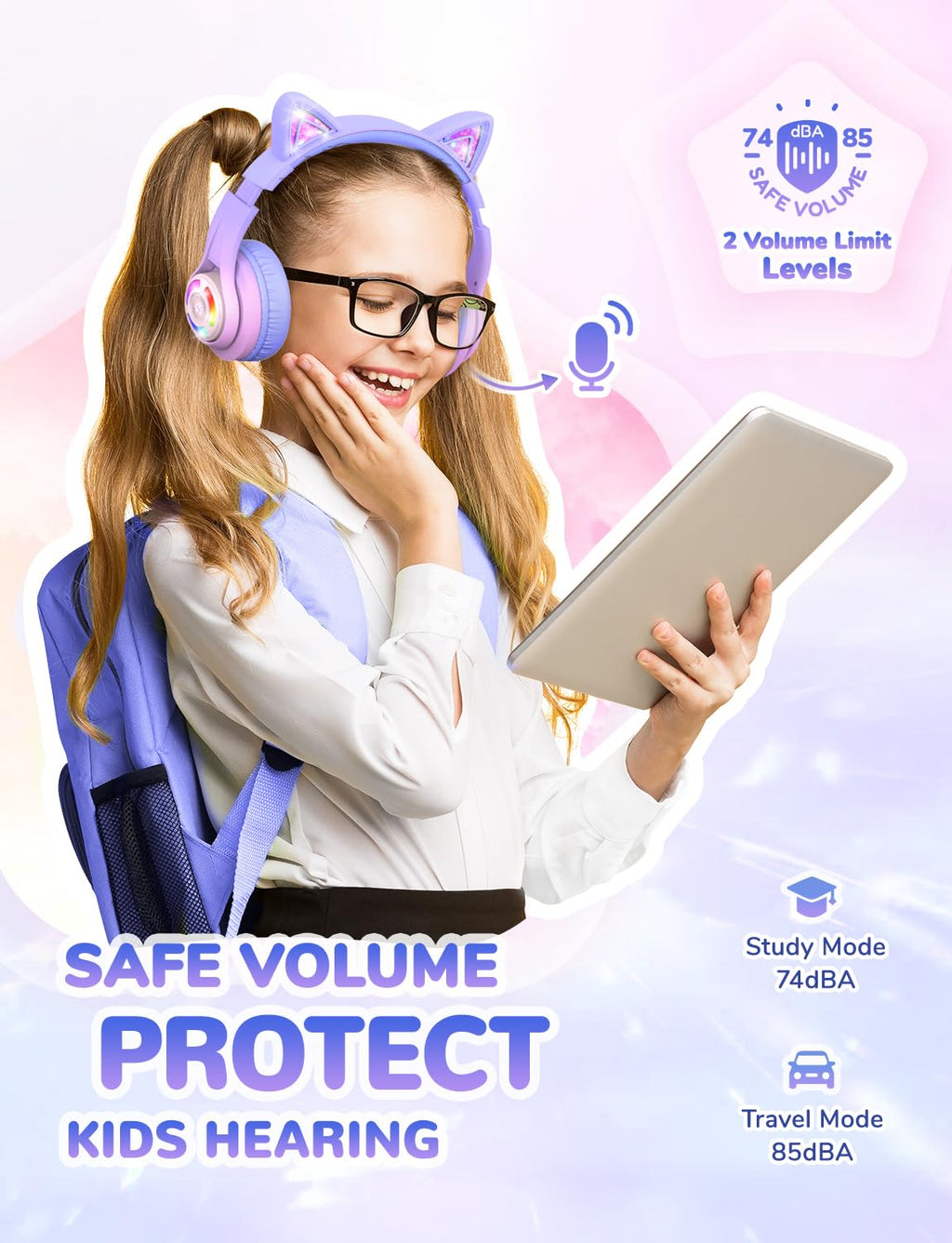 iClever Cat Ear Kids Bluetooth Headphones, LED Lights Up, 74/85dBA Safe Volume Limited, 50H Playtime,Bluetooth 5.2, USB C,Kids Headphones Wireless Over Ear for Travel iPad Tablet, Meow Macaron-Purple