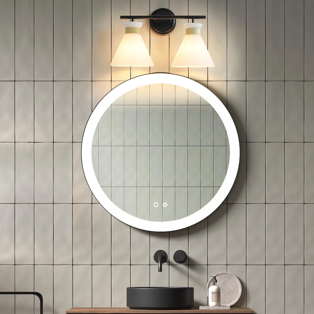 WOSHITU Gold Bathroom Light Fixtures: Modern Vanity Lighting Fixtures 2 Lights for Bathroom Mid Century Vanity Light Sconces Over Mirror with Frosted Milky Glass for Bath Bedroom Makeup