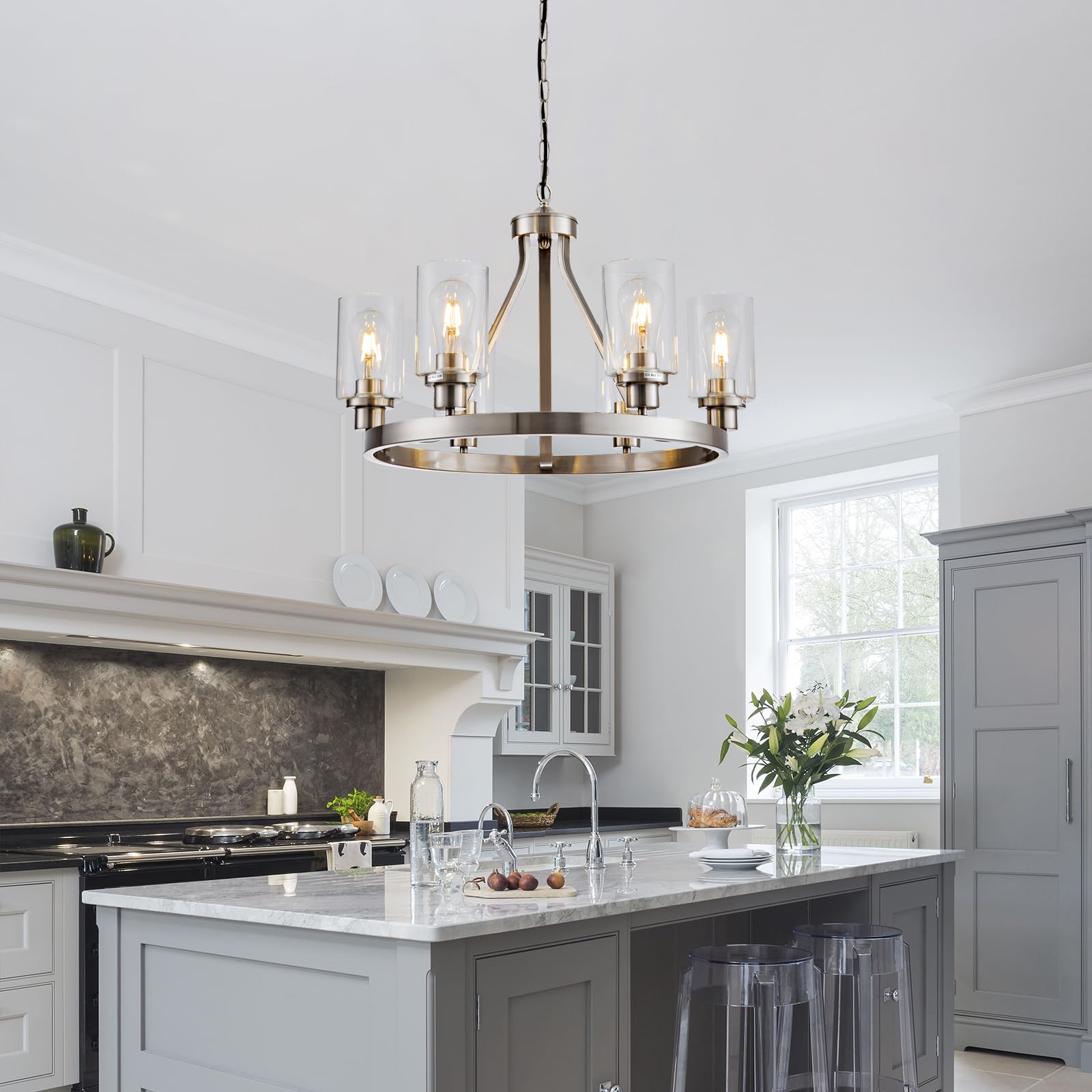 Lanhall 6-Light Modern Dining Room Light Fixture Brushed Nickel Kitchen Chandelier Ceiling Hanging Pendant Lighting with Glass Shade for Living Room Bedroom Entryway Adjustable Height Metal E26