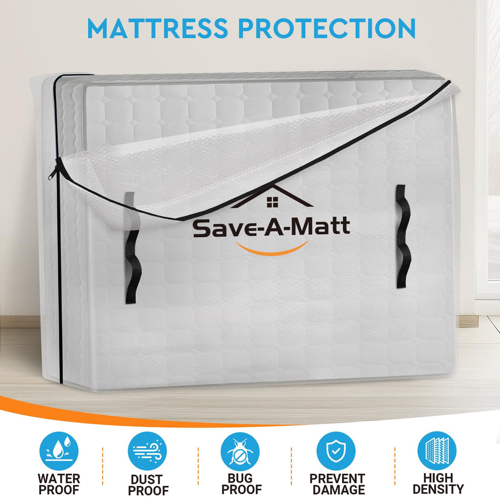 SaveAMatt Mattress Bags for Moving -Extra Thick Queen Mattress Storage Bag, 8 Strong Handles & Reinforced Stitching, Waterproof Reusable Clear Mattress Cover Protector (82’’x63’’x15’’ Queen Size)