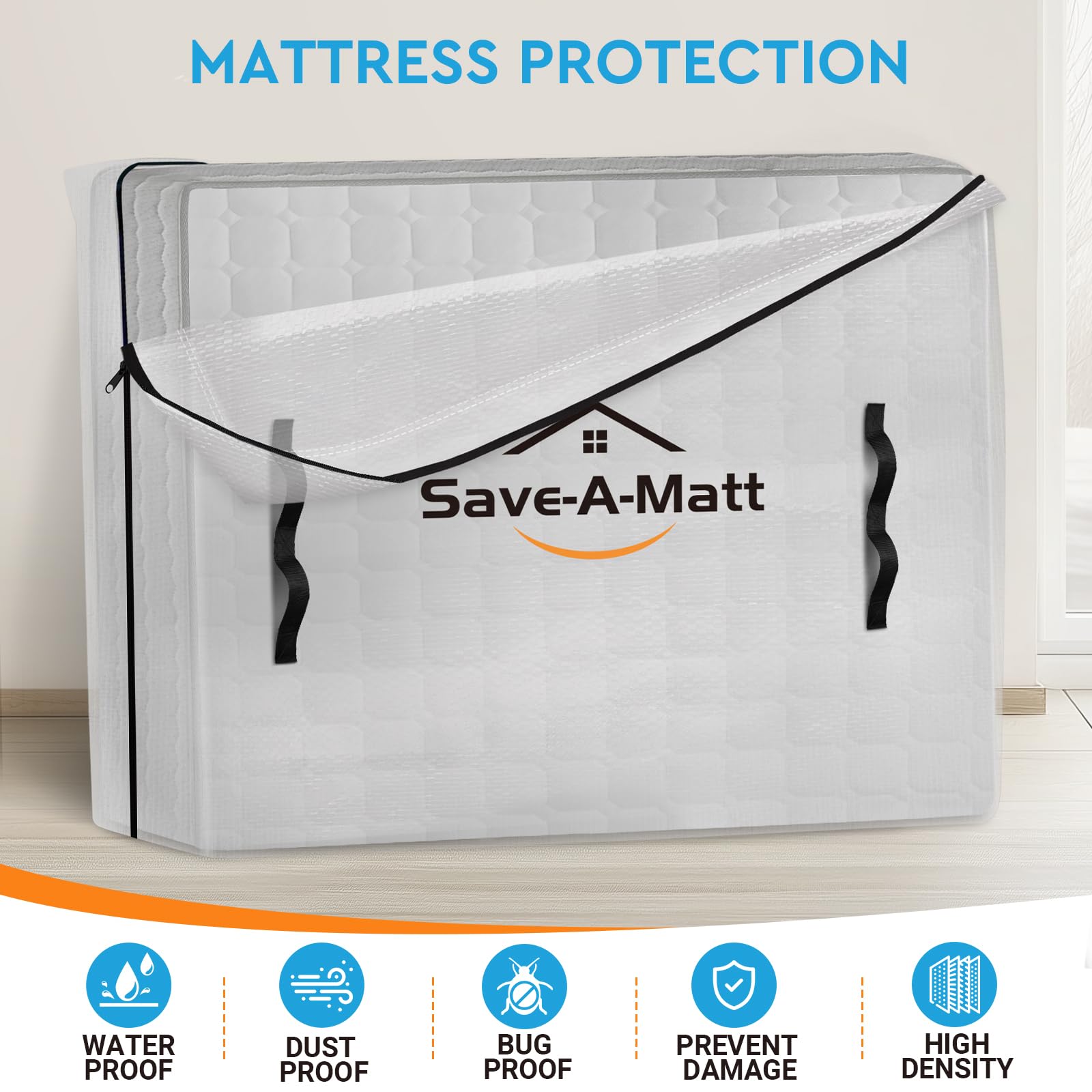 SaveAMatt Mattress Bags for Moving -Extra Thick Queen Mattress Storage Bag, 8 Strong Handles & Reinforced Stitching, Waterproof Reusable Clear Mattress Cover Protector (82’’x63’’x15’’ Queen Size)