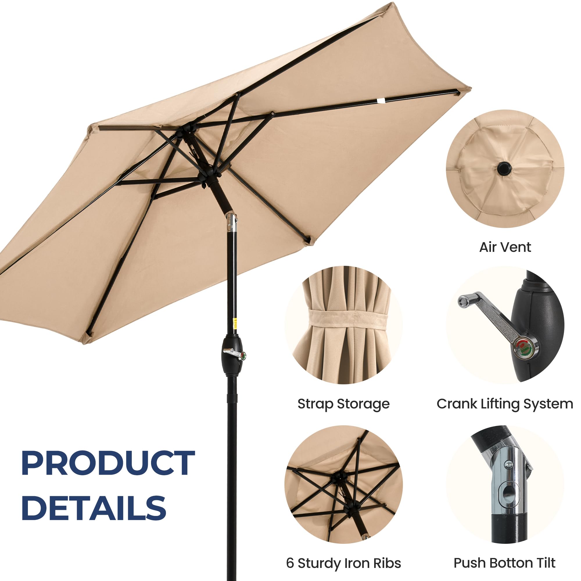 SUNVIVI OUTDOOR Outdoor Patio Umbrella, Patio Umbrella, Market Umbrella, Large Outdoor Umbrella, Metal Pole Umbrella with Push Button Tilt and Crank, Polyester Canopy