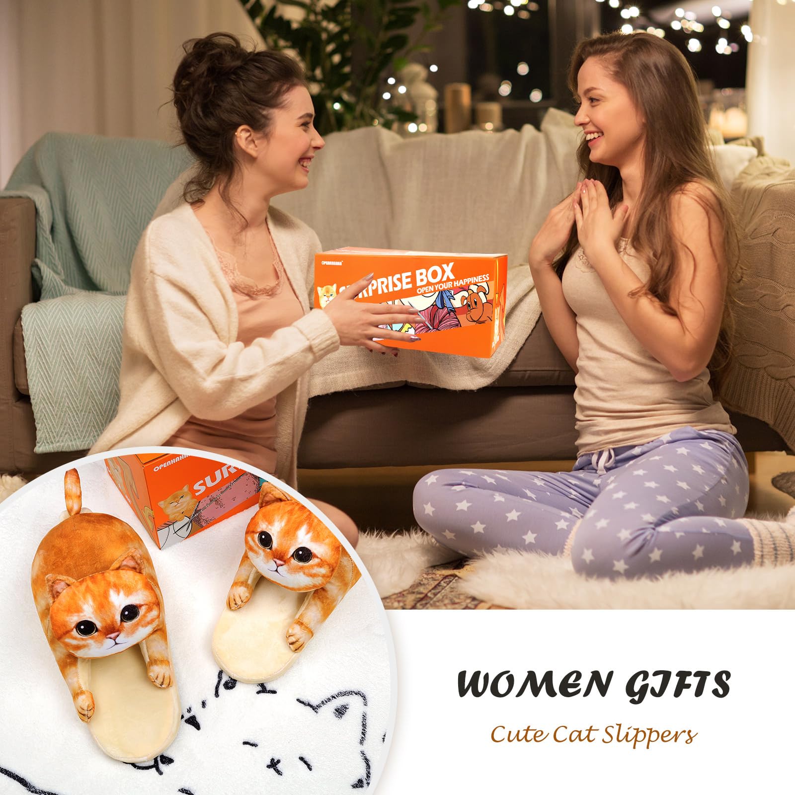 Funny Cat Slippers for Women,Fuzzy Animal Indoor House Shoes with Soft Memory Foam,Comfy Plush Warm Slip-on Slippers,Cat Gifts for Cat Lover