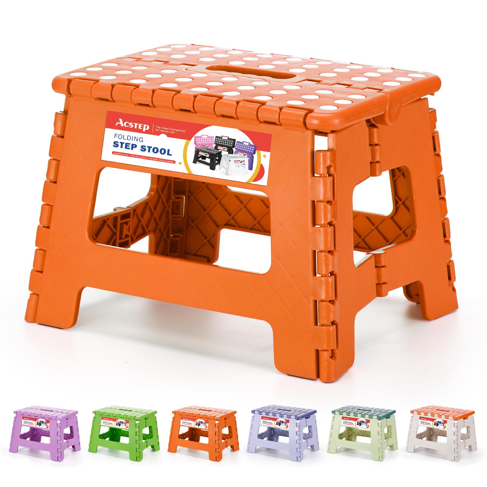 ACSTEP 9 Inch Folding Step Stool 300 LB Capacity Plastic Foldable Step Stools for Kids and Adults, Folding Stool Suitable for Kitchen, Stepping Stool with Handle Bicolor Green Small Step Stool 1PC