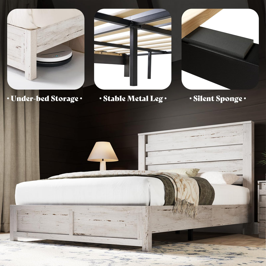 AMERLIFE Farmhouse Full Size Bed Frame with 49" Fluted Headboard, Wood Platform Bed with Natural Grain, No Box Spring Needed/Noise Free, Black