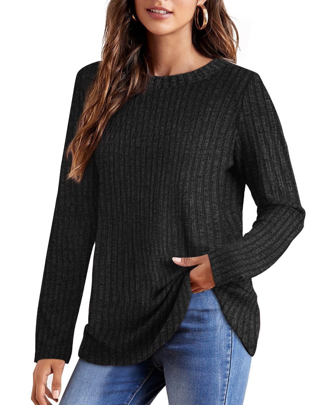 OFEEFAN Long Sleeve Shirts for Women Loose Fit Crew Neck Tunic Tops Blouse Dressy Casual Fall Winter Clothes Outfits